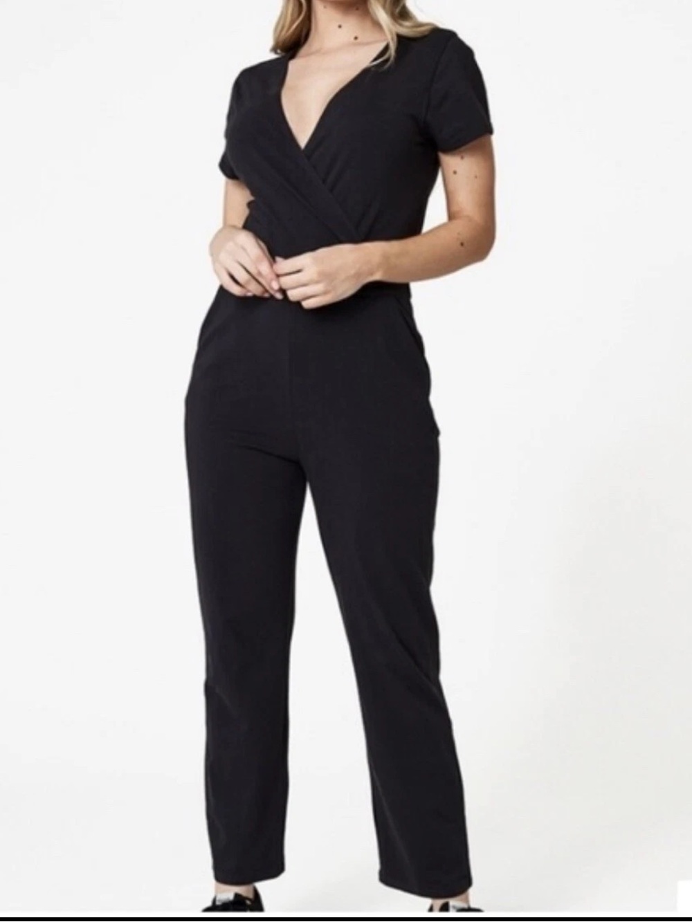 Pact organic cotton blend jumpsuit black short sleeve v-neck wide leg sz L